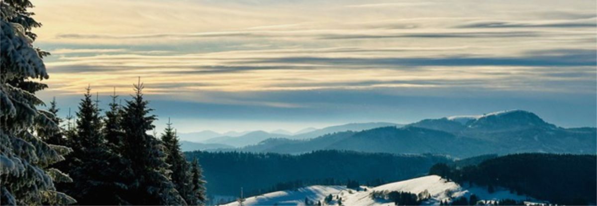 Blick vom Berg ins Tal. Winterlandschaft.